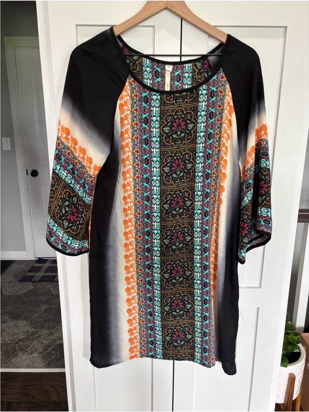 🫧Uncle Frank Multicolor Boho Print Tunic — Black, Teal & Orange Accents